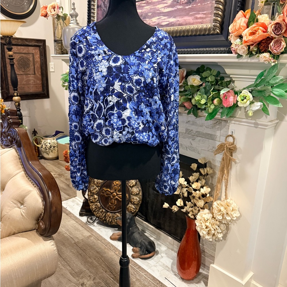 Karen Kane Royal Blue Floral Long-Sleeve Blouse